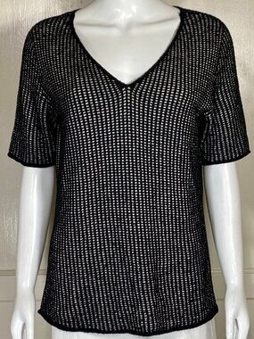 ARMANI COLLEZIONI Made in ITALY Black White Knit V Neck Short Sleeve Sweater M